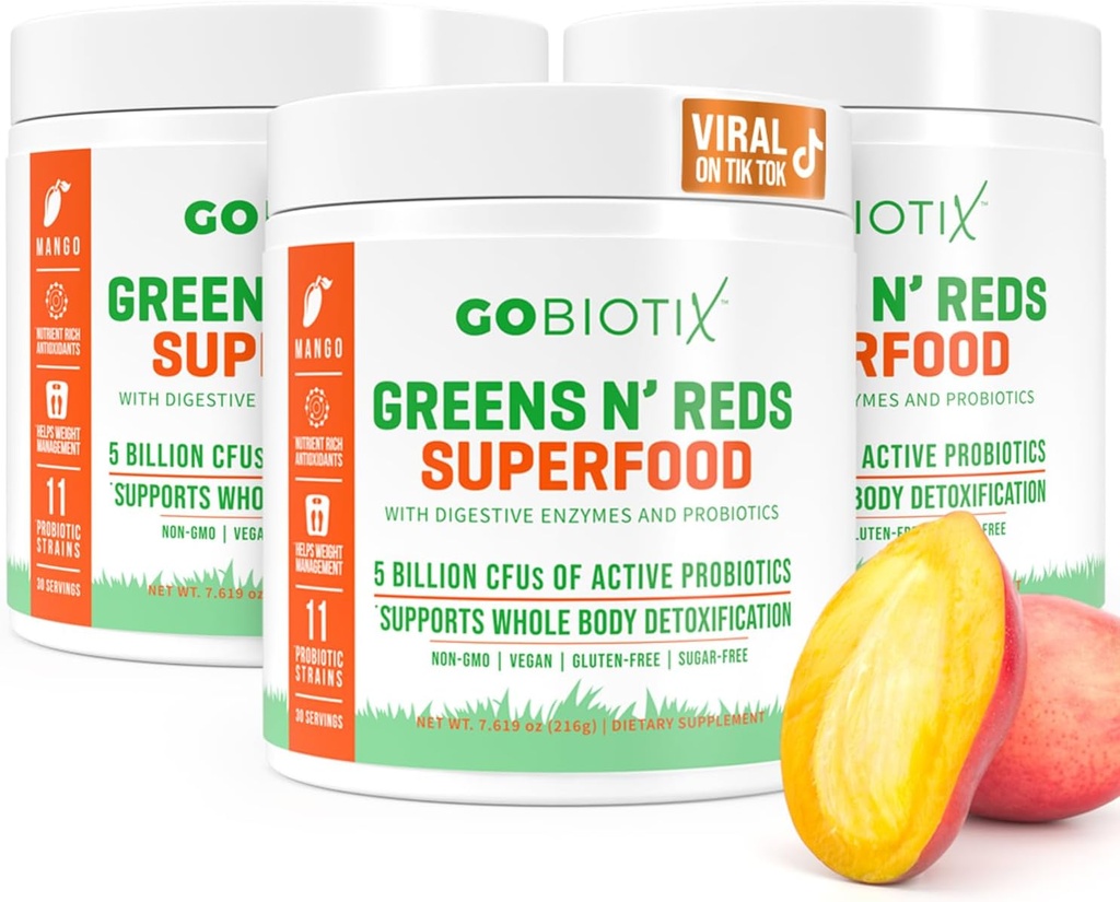 GOBIOTIX Super Greens and Reds Powder - Red and Green Superfood - Probiotic Supplement - Digestive Enzymes and Beet Root Powder - Organic Whole Foods Dietary Supplement (Mango, 3 Pack)