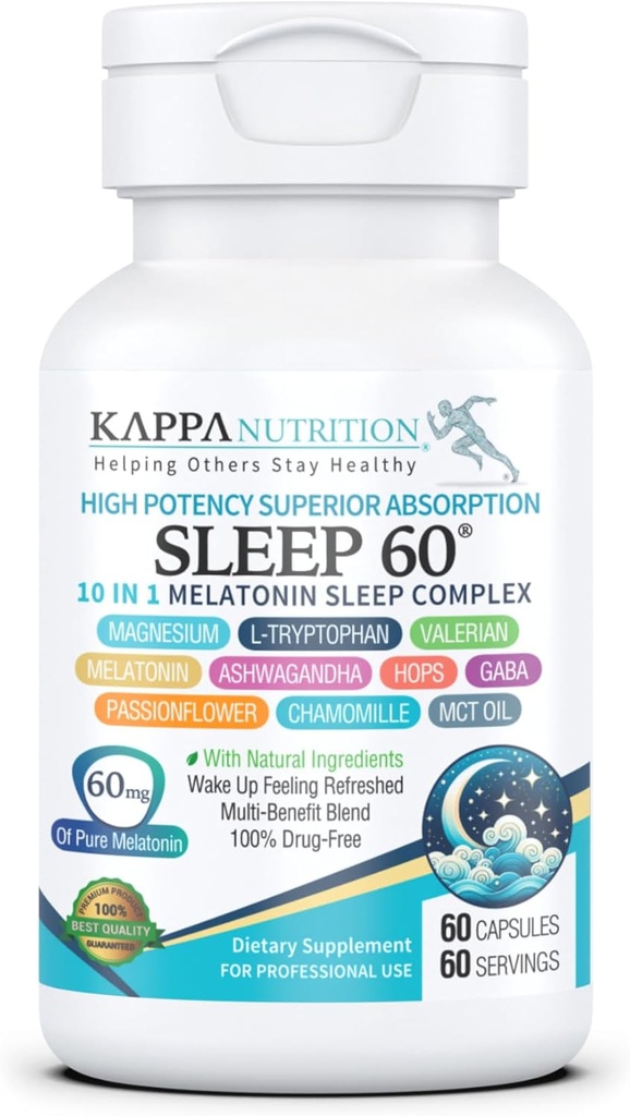 KAPPA NUTRITION Sleep 60, Sleep Aid, 60mg of Melatonin, 60-Day Supply, Non-Habit Forming Vegan Capsules Natural Ingredients for Easier Bedtime, Herbal Supplement, Valerian Root, Chamomile Non-GMO