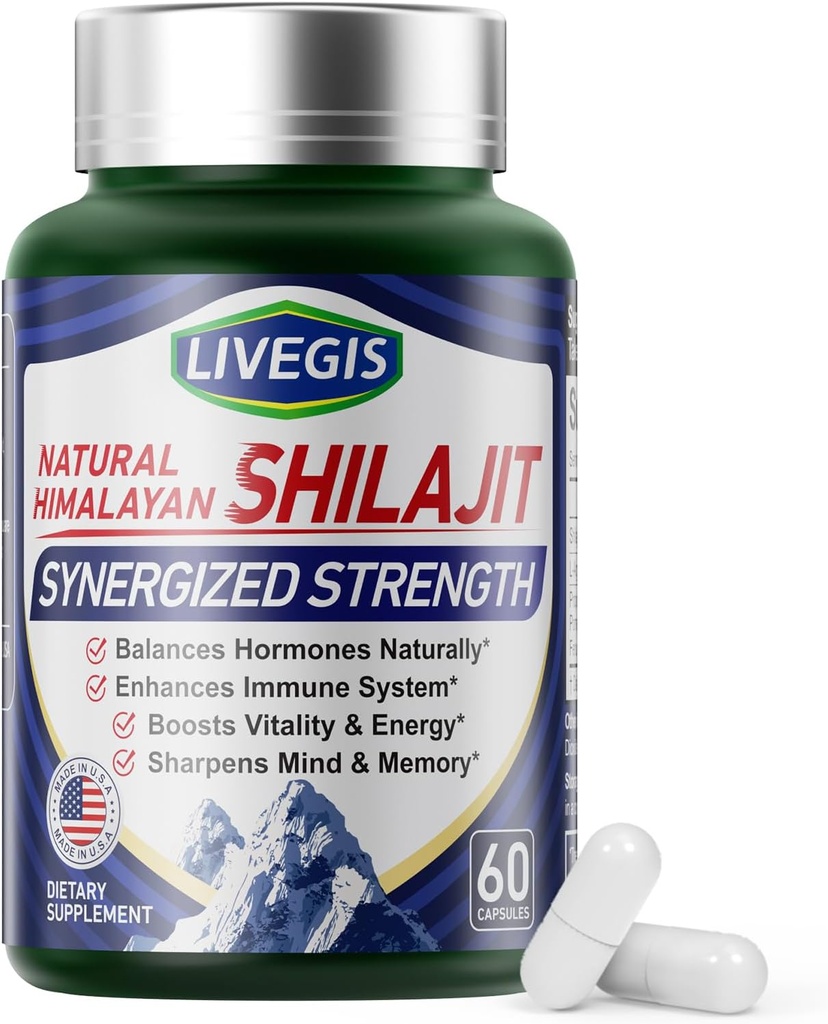 Himalayan Shilajit Capsules Balance Hormones, Boost Immunity, Enhance Vitality & Memory, High-Potency Supplement with Various Ingredients,Non-GMO Natural & Organic - 60 Counts