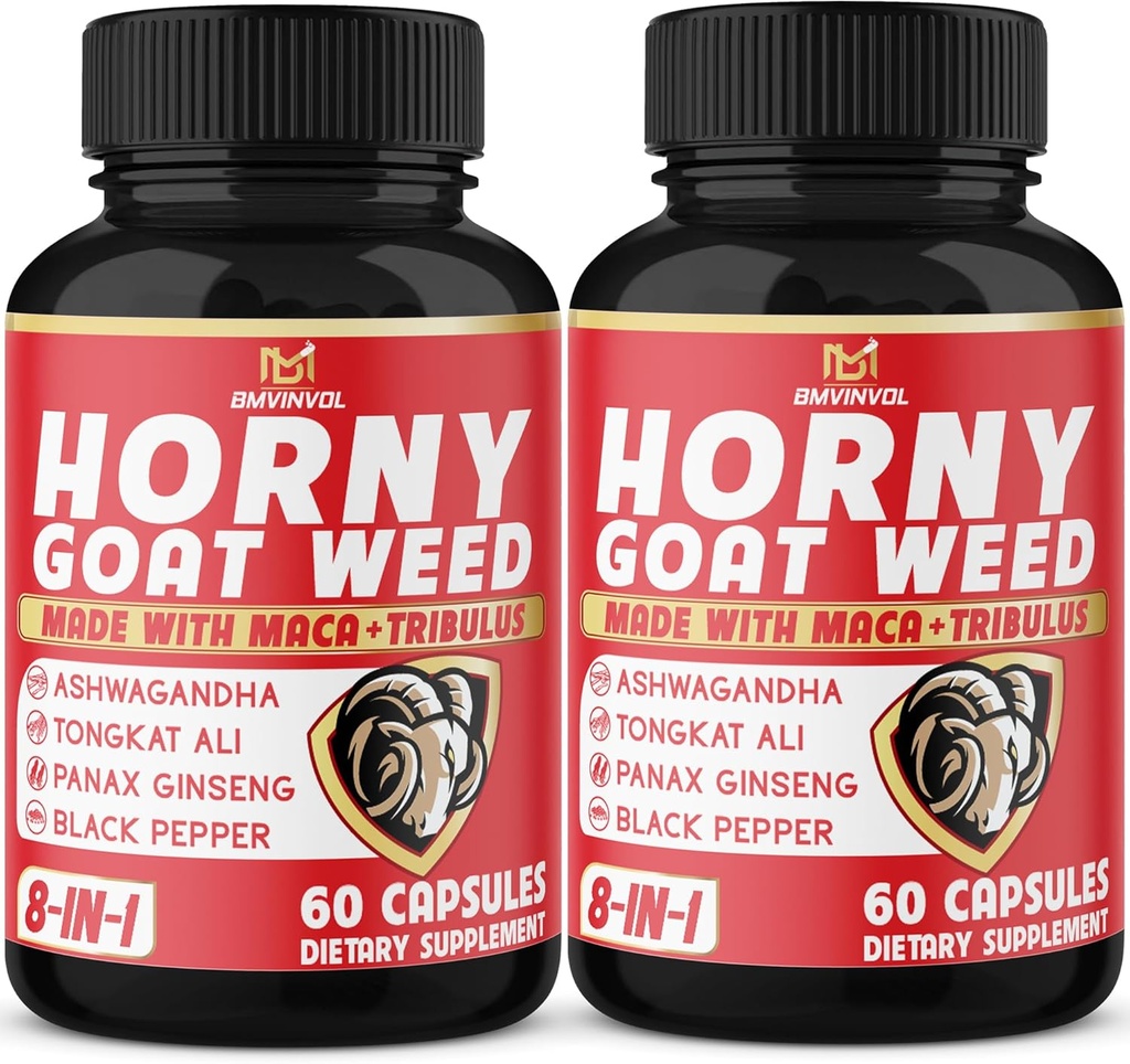 BMVINVOL (2 Packs) Horny Goat Weed Capsules with Maca, Tribulus, Ginseng. Ashwagandha,Tongkat Ali - 8-in-1 for Support Energy Levels