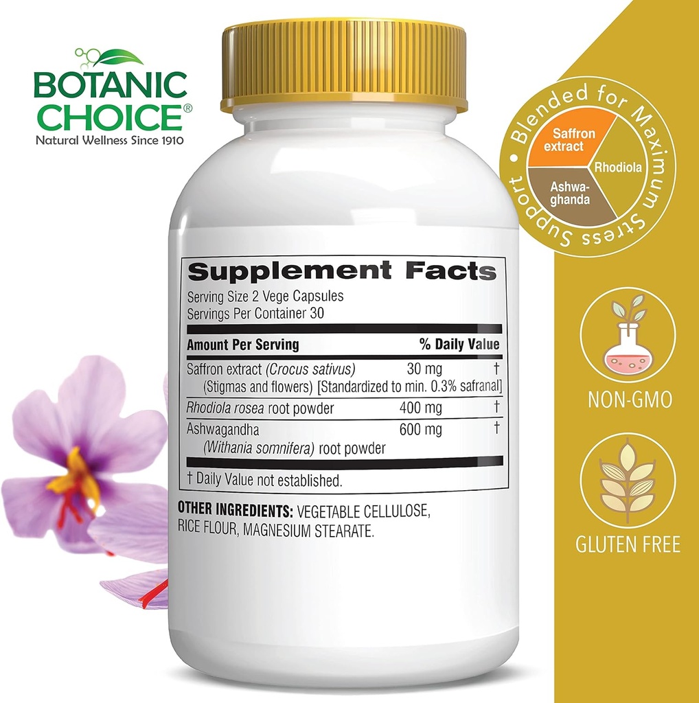 Botanic Choice Stress Complex Capsules - Mood & Memory Support with Saffron, Ashwagandha, Rhodiola - Gluten-Free, 60 Capsules