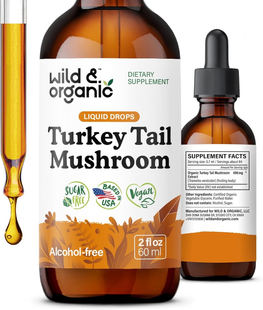 Wild & Organic Turkey Tail Tincture - Immune & Gut Support - Turkey Tail Mushroom Extract Drops - Vegan, Sugar & Alcohol-Free Liquid Supplement - 2 fl oz