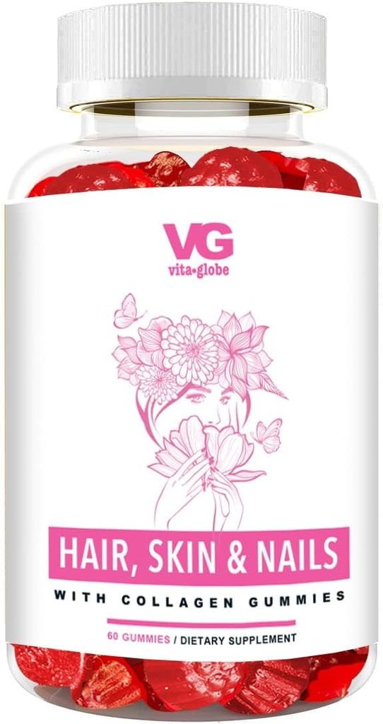 VITA GLOBE Hair, Skin & Nails + Collagen Gummies – 20mg with Vitamins A, C, D, E, B6 & Biotin | Beauty & Wellness Supplement for Healthy Hair Growth, Radiant Skin & Strong Nails – 60 Count (Pack of 1)