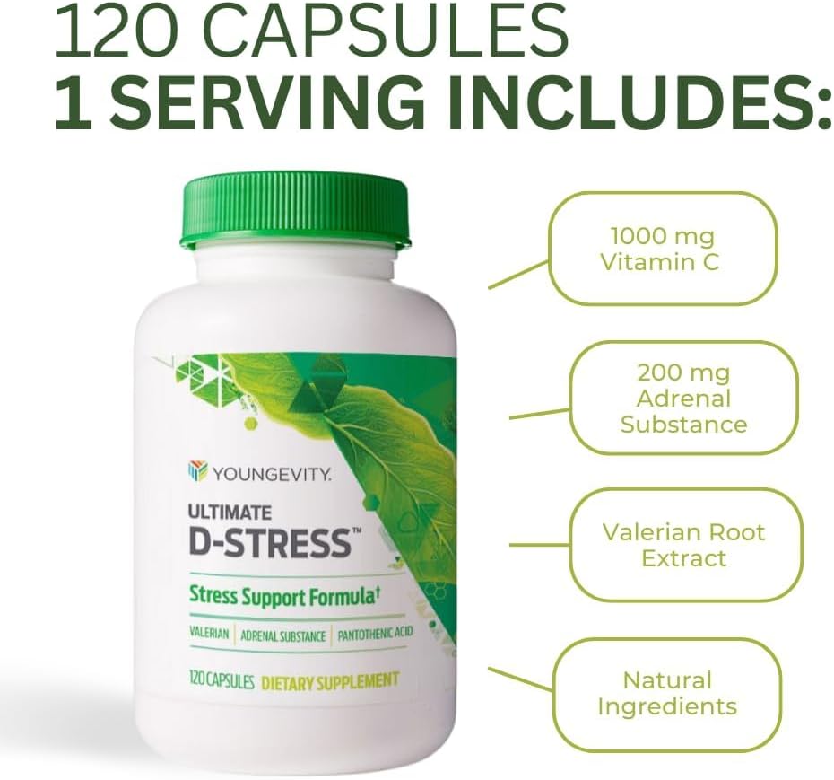 Youngevity Ultimate D-Stress™ – Natural Stress Relief Supplement with Magnesium, Valerian Root Extract, and B Vitamins – Supports Adrenal Health and Nervous System – 120 Capsules (Pack of 1)
