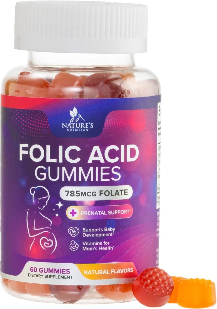 Folic Acid Gummies for Women 785 mcg, Essential Prenatal Vitamins for Mom & Baby, Vegan Folic Supplement Gummy, Daily Vitamin B9 Extra Strength Folate, Before During After Pregnancy - 60 Gummies