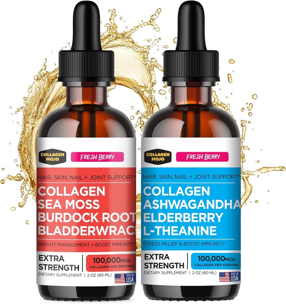 Collagen Mojo Liquid Collagen Peptides with Sea Moss, Burdock Root & Bladderwrack + Liquid Collagen Peptides with Ashwagandha, Elderberry & L-Theanine