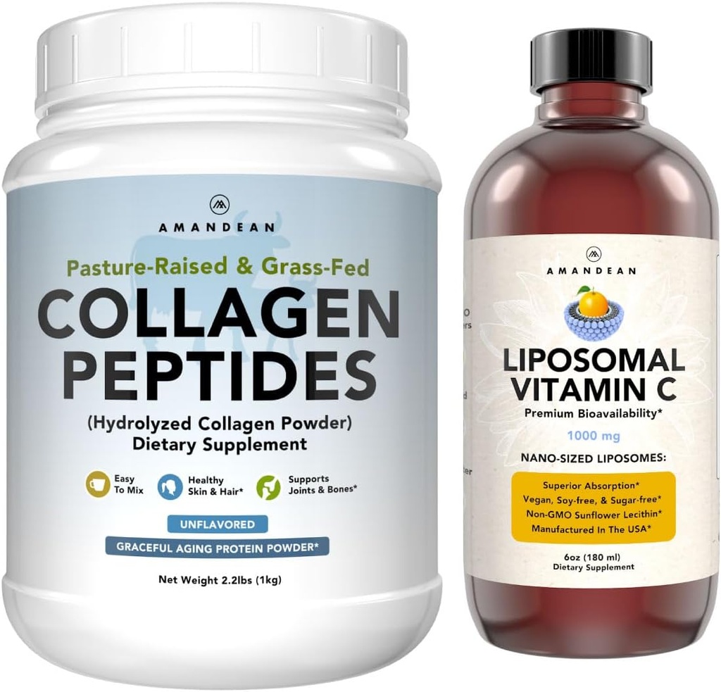 AMANDEAN Premium Liposomal Vitamin C & Bovine Collagen Peptides Bundle. Powerful Antioxidant. Liquid Quali-C. Grass-Fed Collagen. Hydrolyzed Type 1 & 3. Immune Support. Healthy Skin, Hair & Nails