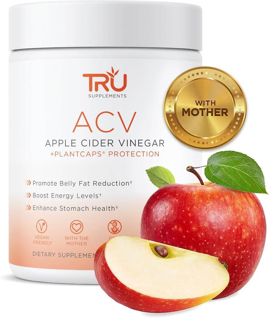 TRU Supplements ACV, Apple Cider Vinegar, Organic ACV with The Mother, Improves Digestion and Skin Health, 45 Servings, 1000mg