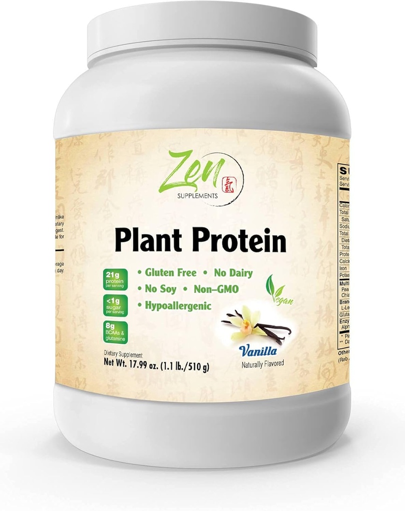 Zen Supplements - Plant Protein-Vanilla 510G 1.1LB-Powder- 25 Grams of Protein Per Serving -Vegan, Low Net Carbs, Non Dairy, Gluten Free, Lactose Free, No Sugar Added, Soy Free, Kosher, Non-GMO