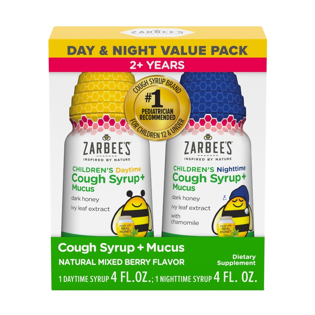 Zarbee's Children’s Honey Cough Syrup + Mucus Day & Night Value Pack, Daytime & Nighttime Toddler Cough Syrup, Dark Honey, Ivy Leaf Extract, Chamomile, Mixed Berry Flavor, 2X 4 Fl Oz