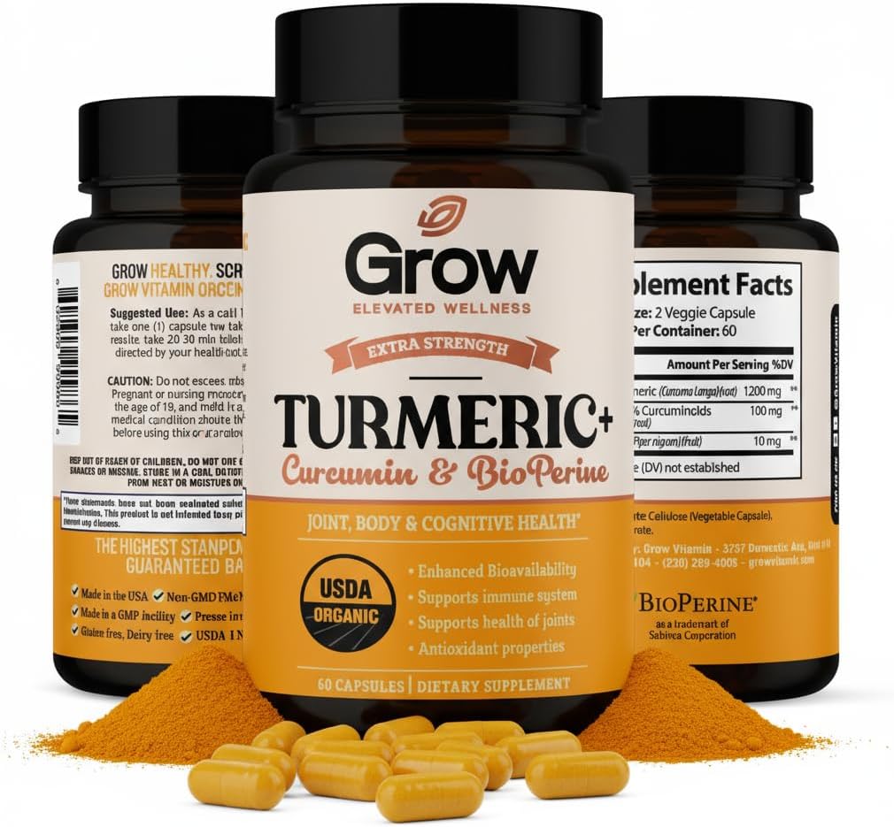 Grow Vitamin Curcumin+ Ultra: Organic High-Potency Blend | Maximum Strength Turmeric Formula with 95% Curcuminoids | USDA Certified | 30-Day Supply