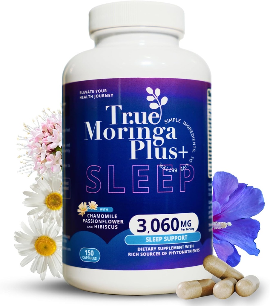 True Moringa Plus+ Sleep Support Supplement 10:1 Extract | 20,000mg of Organic Moringa, Chamomile, Passion Flower, Valerian Root, Hibiscus for Relaxation | Natural Sleep Aid for Adults (150 Capsules)