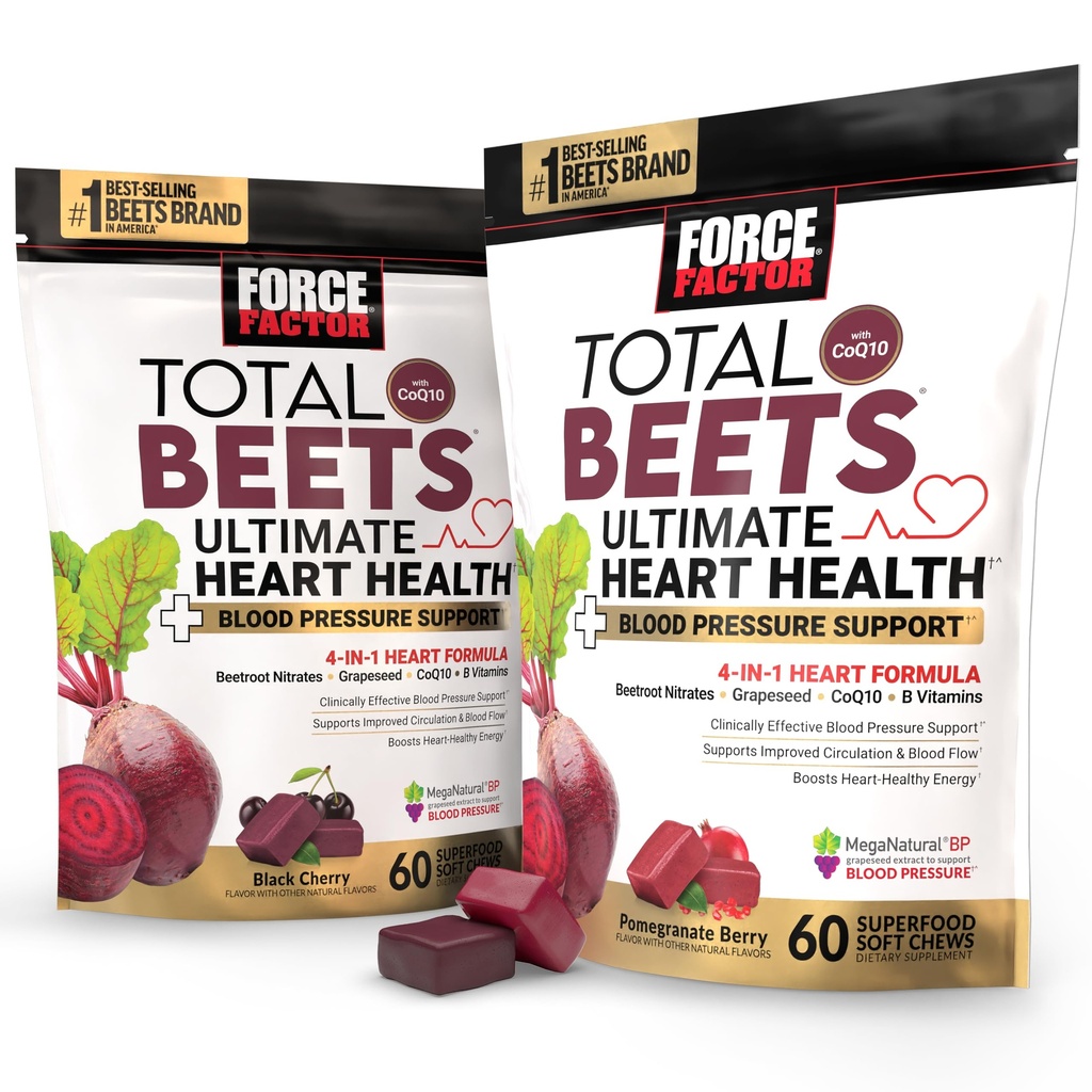 Bundle of Force Factor Total Beets Ultimate Heart Health Blood Pressure Support Chews with CoQ10, Beet Root Powder, Grape Seed Extract, Blood Pressure Supplement for Circulation & Blood Flow, 120 Soft
