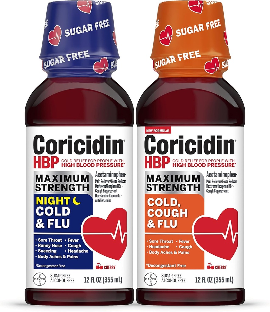 Coricidin HBP Maximum Strength Cold & Flu Day & Night Sugar-Free Liquid Twinpack, Decongestant-Free Cold Medicine for Adults with High Blood Pressure -12 Fl Oz (Pack of 2)