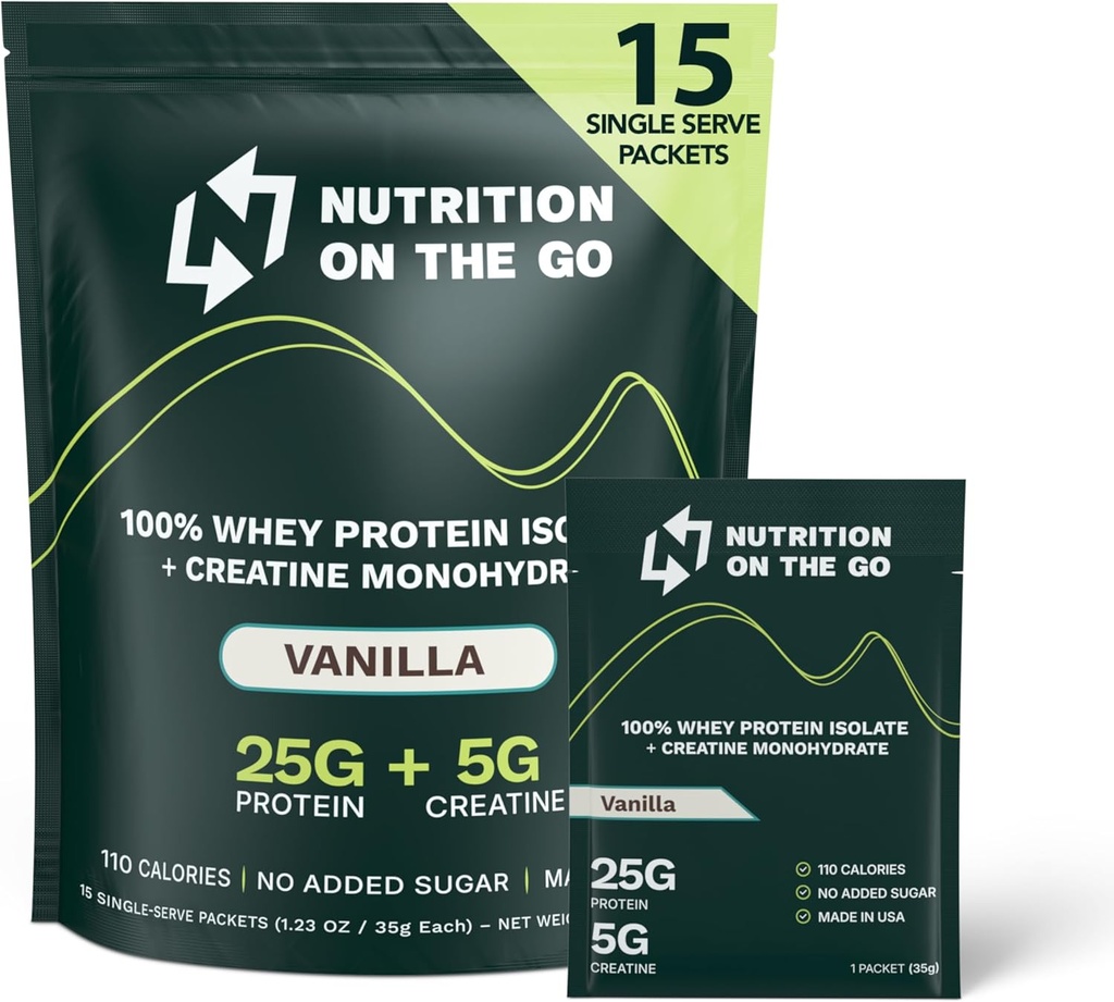 Nutrition On The Go Whey Protein Isolate Packets with Creatine – 25g Protein + 5g Creatine – Single-Serve Travel Protein Powder – Vanilla (15-Pack)