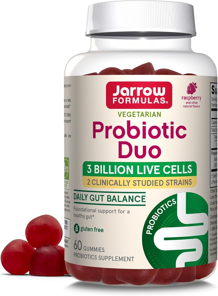 Jarrow Formulas® Probiotic Duo, 3 Billion Live Cells Supplement for Immune Health and Digestive Support, 60 Raspberry Flavor Probiotic Gummies, 30 Day Supply