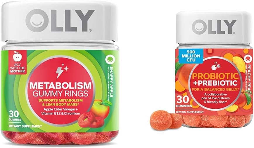 OLLY Metabolism Gummy Rings, Apple Cider Vinegar, Vitamin B12, Chromium & Probiotic + Prebiotic Gummy, Digestive Support and Gut Health, 500 Million CFUs, Fiber