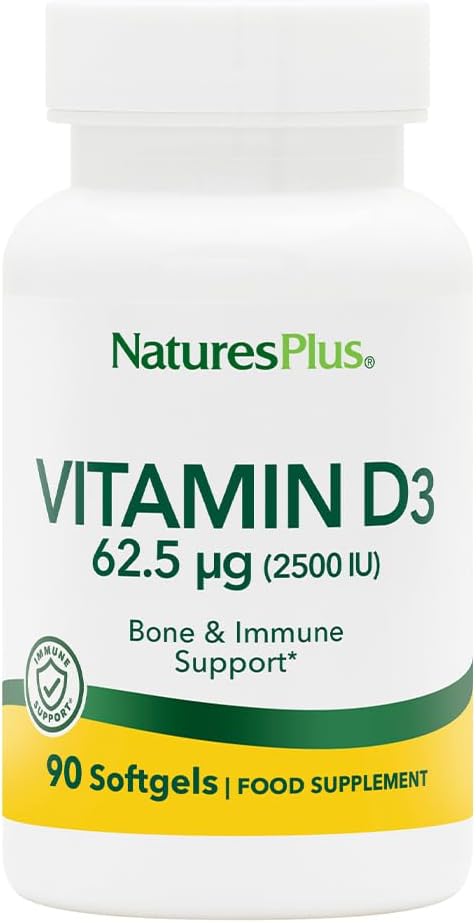 NaturesPlus Vitamin D3 (Cholecalciferol) - 2500 iu, 90 Softgels - Bone Health, Heart Health & Immune System Support Supplement, Bioavailable Active Form - Gluten-Free - 90 Servings