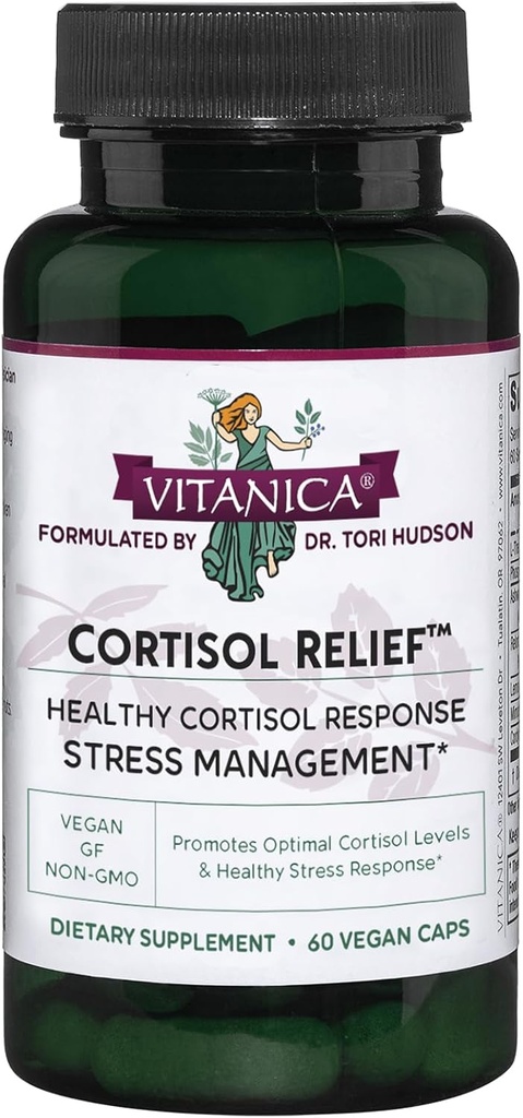 Vitanica Cortisol Relief, Dr. Formulated Sleep, Stress, Cortisol Manager Supplement, Vegan, 60 Capsules (Cortisol Relief)