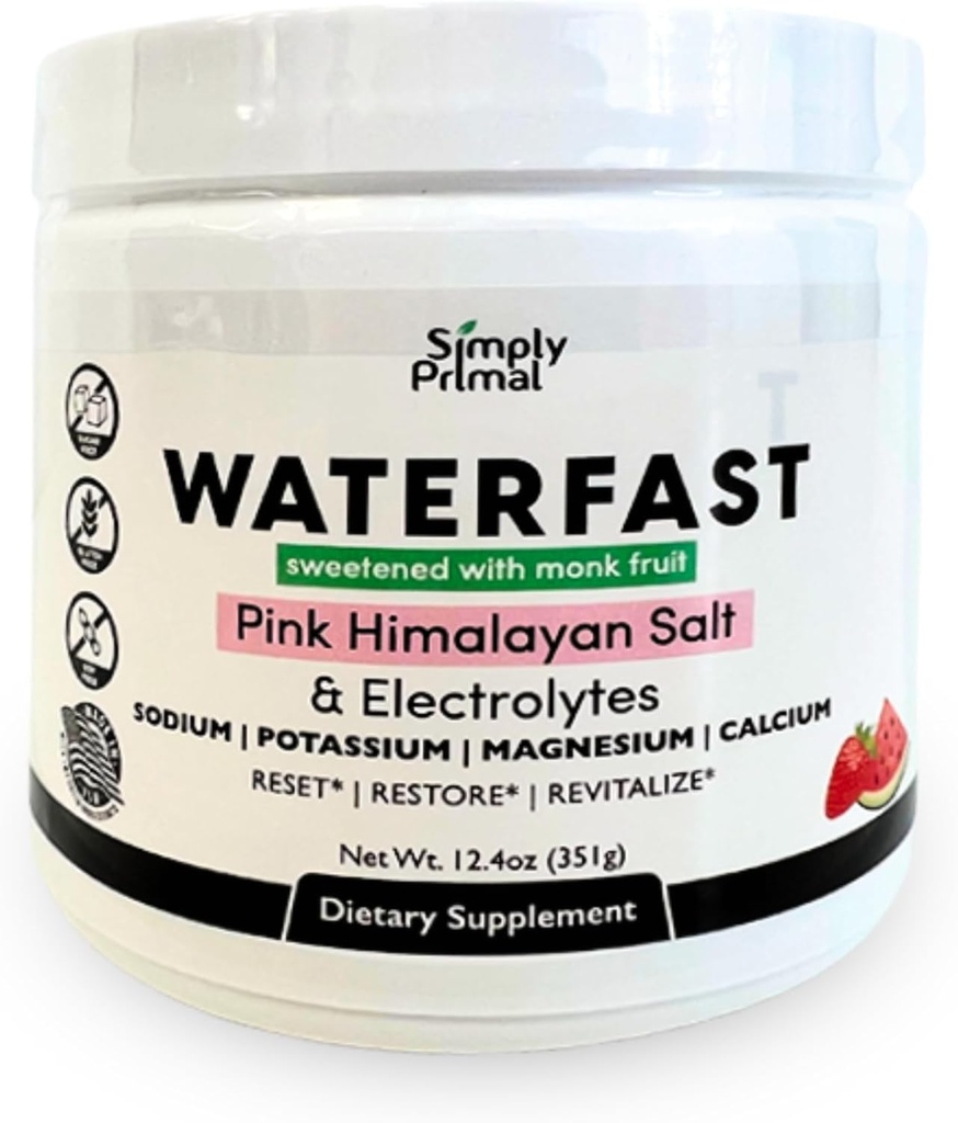 WATERFAST Monk Fruit Keto Electrolyte Powder for Fasting and Hydration- Strawberry Watermelon Flavor | Pink Himalayan Salt (Sodium), Potassium, Magnesium, Calcium | Sugar Free