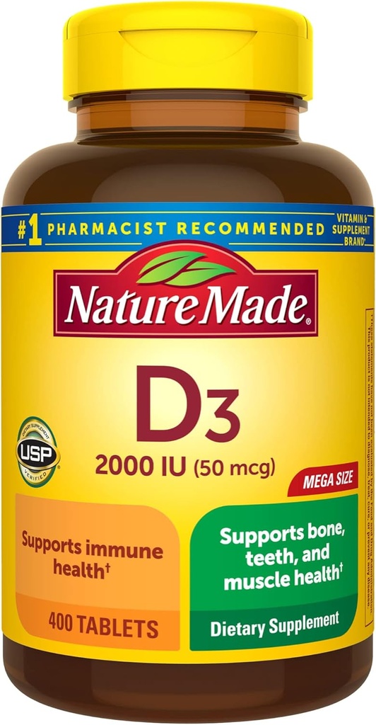 Nature Made Vitamin D3 2000 IU (50 mcg), Vitamin D Supplement for Bone, Teeth, Muscle and Immune Health Support, 400 Tablets, 400 Day Supply