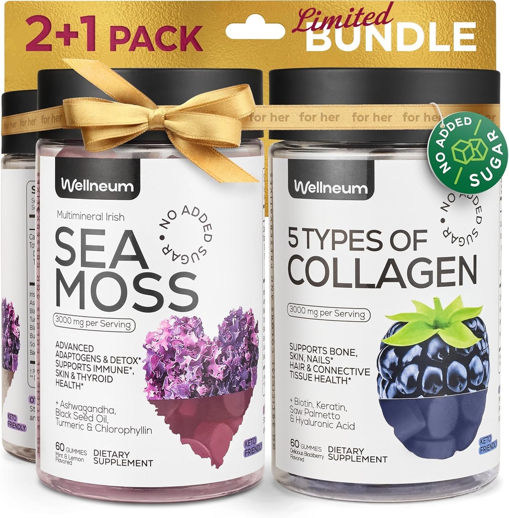 Collagen and Sea Moss Gummies Bundle - Collagen Peptides, Irish Sea Moss, Biotin, Keratin, Bladderwrack - Gummy Supplement for Immunity, Detox, Healthy Hair, Skin and Nails - for Men and Women
