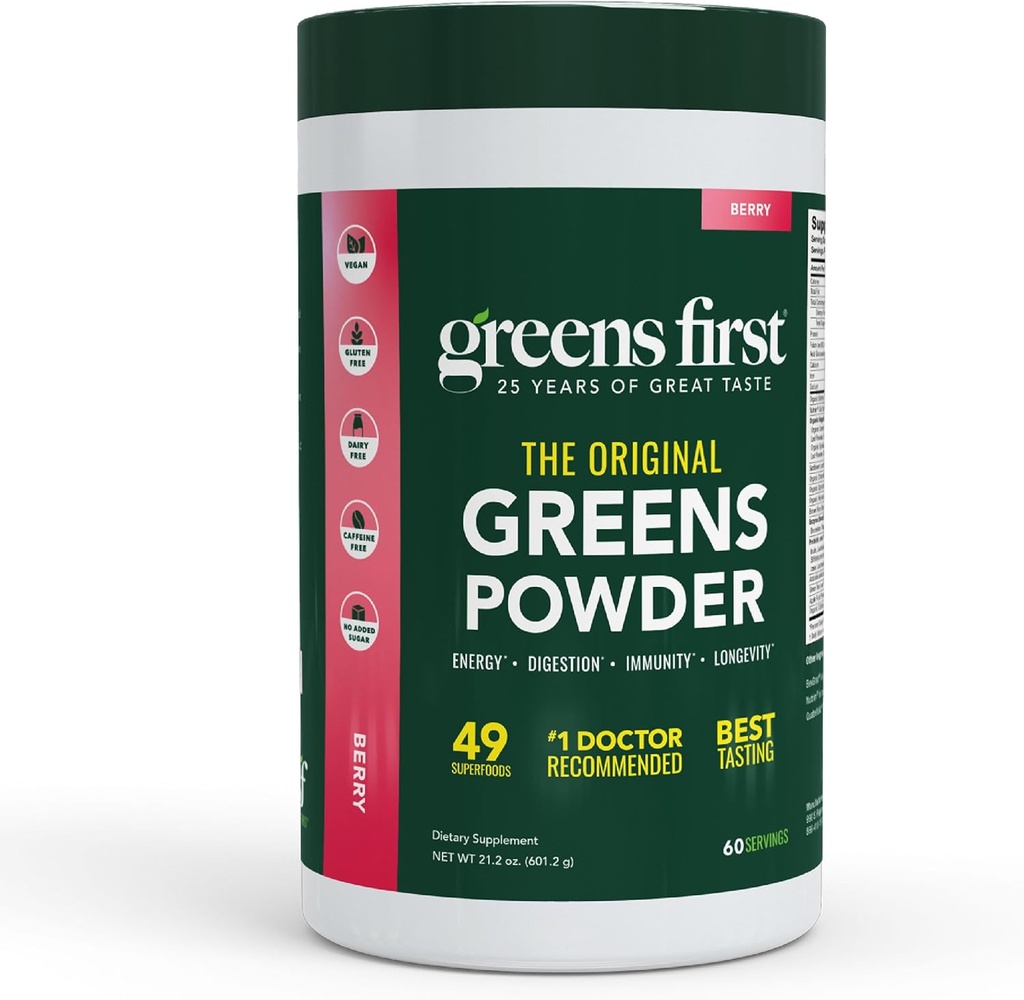 Greens First Original Greens Powder - 49 Superfoods - Organic Fruits & Veggies - Prebiotics, Probiotics & Digestive Enzymes - Antioxidant Smoothie - Dairy Free, Vegan & Non-GMO (Berry, 60 Servings)