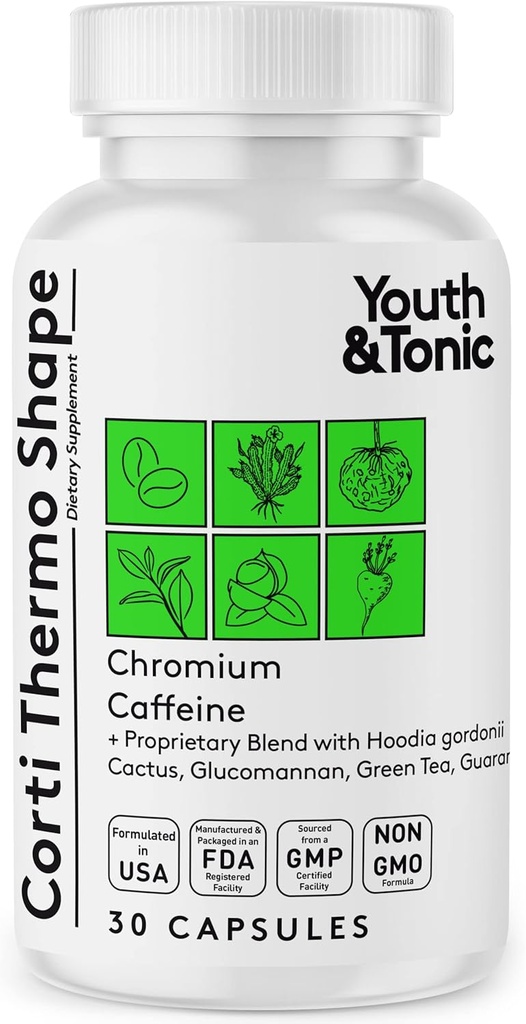 Youth & Tonic Thermogenic Supplement 30 Capsules as Advanced Diet Support for Energy Metabolism Focus for Men and Women with Caffeine Chromium Glucomannan Guarana Hoodia Gordonii