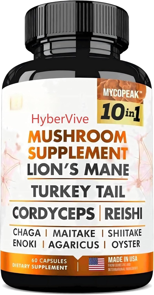 Mushroom Supplement 10x Complex - Lions Mane, Turkey Tail, Cordyceps, Reishi, Chaga, Maitake, Shiitake, Oyster Extract Mushrooms - Nootropic Brain Support Supplements for Memory and Focus