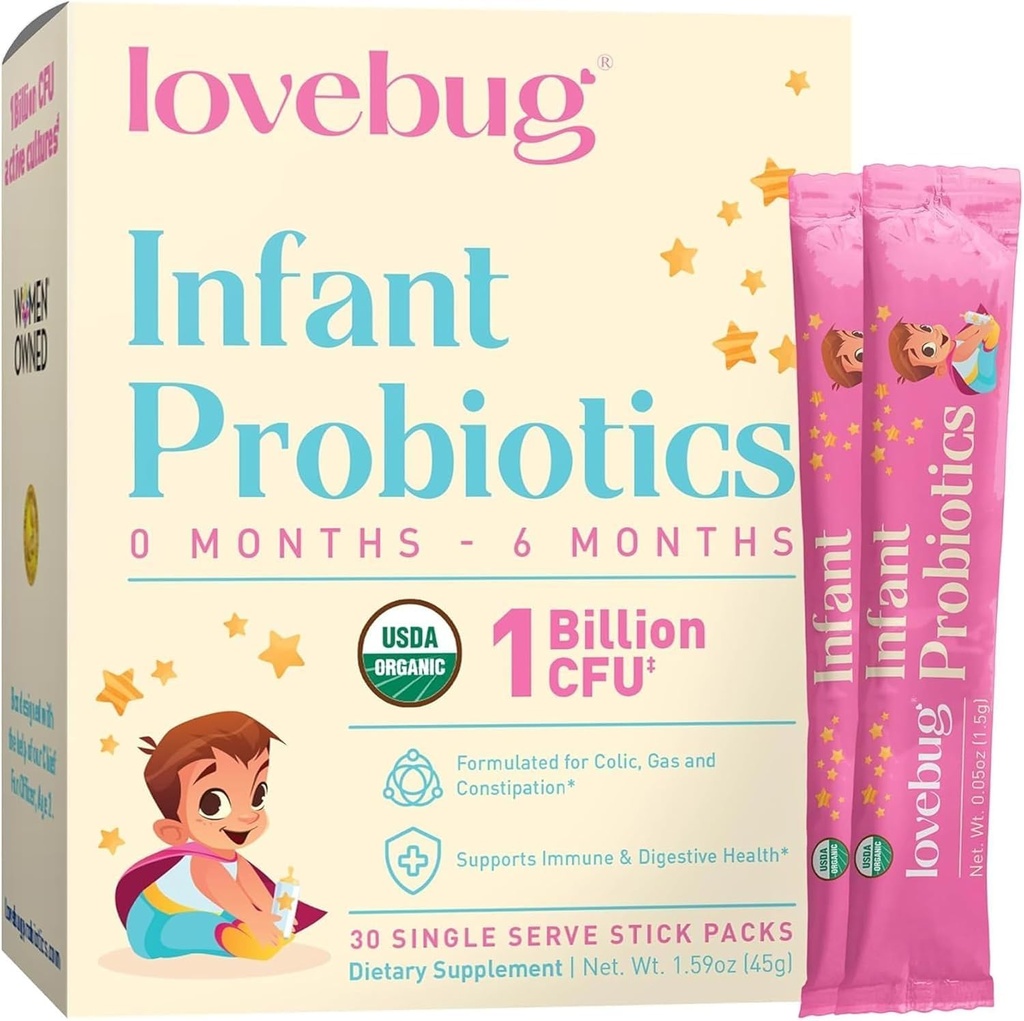 LOVEBUG Infant Probiotics 0-6 Months - USDA Organic Probiotics for Babies, Supports Baby Gas, Colic, Diarrhea and Newborn Constipation Relief, Allergen & Sugar Free, Tasteless Powder, 30 Pack