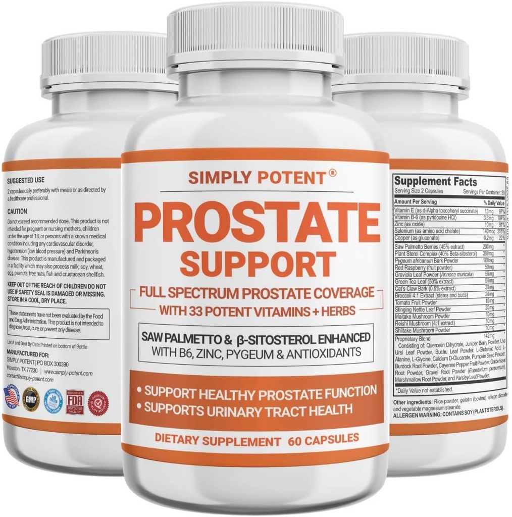 Prostate Supplements for Men, Saw Palmetto Prostate Health Support w/ 33 Vitamins & Herbs - Beta Sitosterol Plus B6, Selenium & Zinc for Healthy Urination Frequency & Flow & Proper Sleep (60 Capsules)