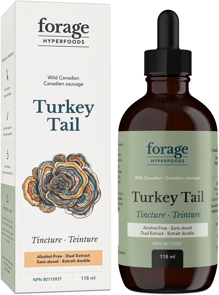 Forage Hyperfoods- Alcohol-Free Canadian Wild Turkey Tail Mushroom Superfood Liquid Supplement Extract Tincture, Vegan, Non-GMO, Immune System and Gut Health Support, 118ML