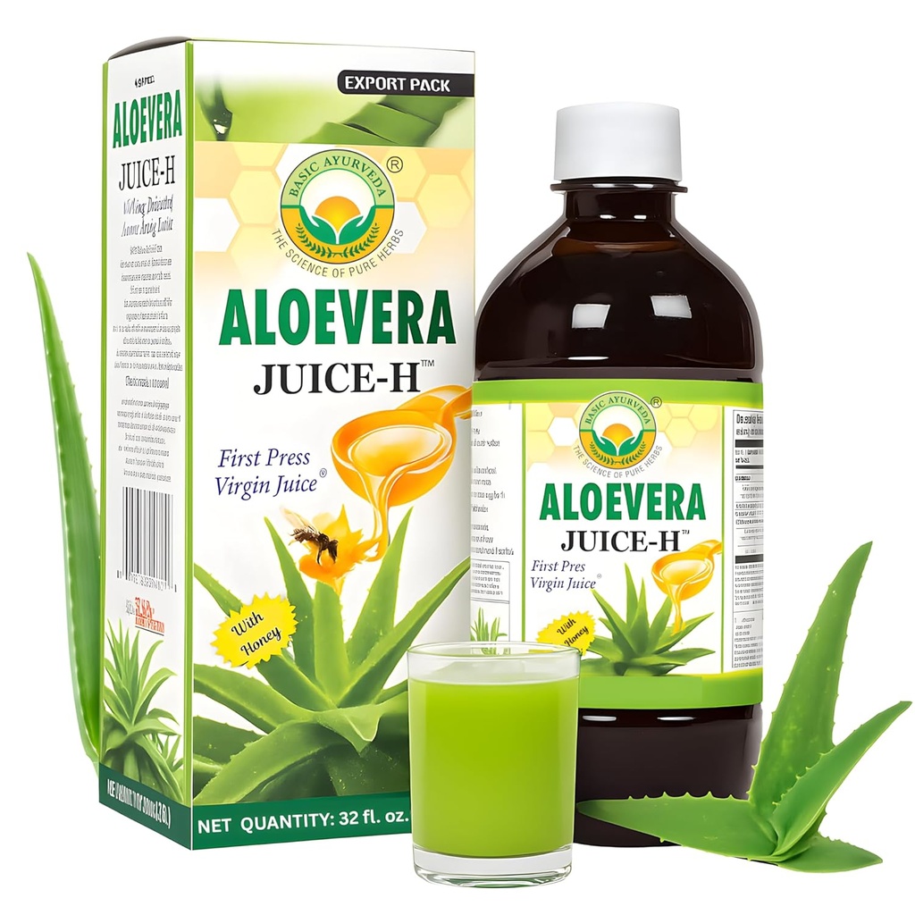 BASIC AYURVEDA Aloe Vera Juice with Honey 32.46 Fl Oz (960ml) | Supports Digestive Health, Hydration & Skin Wellness | Cold Pressed Herbal Juice | Natural Cleanse | No Added Sugar