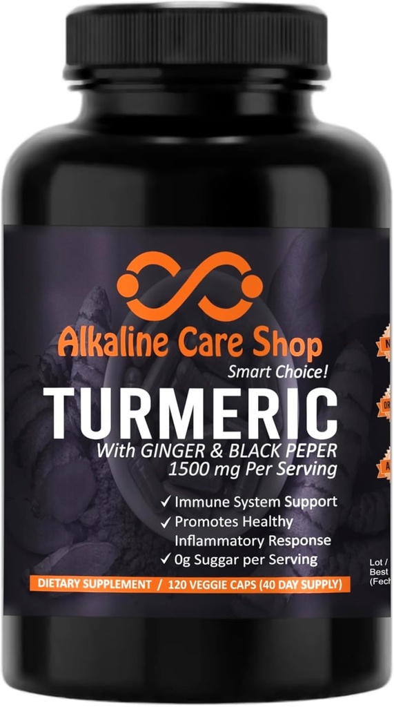Alkaline Care |Turmeric Curcumin Supplement 1500mg with Organic Turmeric, Ginger & Black Pepper for Best Absorption |Non-GMO | Joint & Healthy Inflammation Response Support (120 Veggie Capsules)