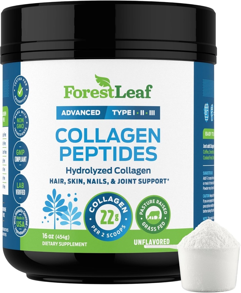 ForestLeaf Collagen Peptides Powder Unflavored - Hydrolyzed Grass Fed Keto Collagen Protein Powder Type 1, 2 & 3 - Vital Hair, Skin, Nails, Joints, Recovery, 11g Per Serving