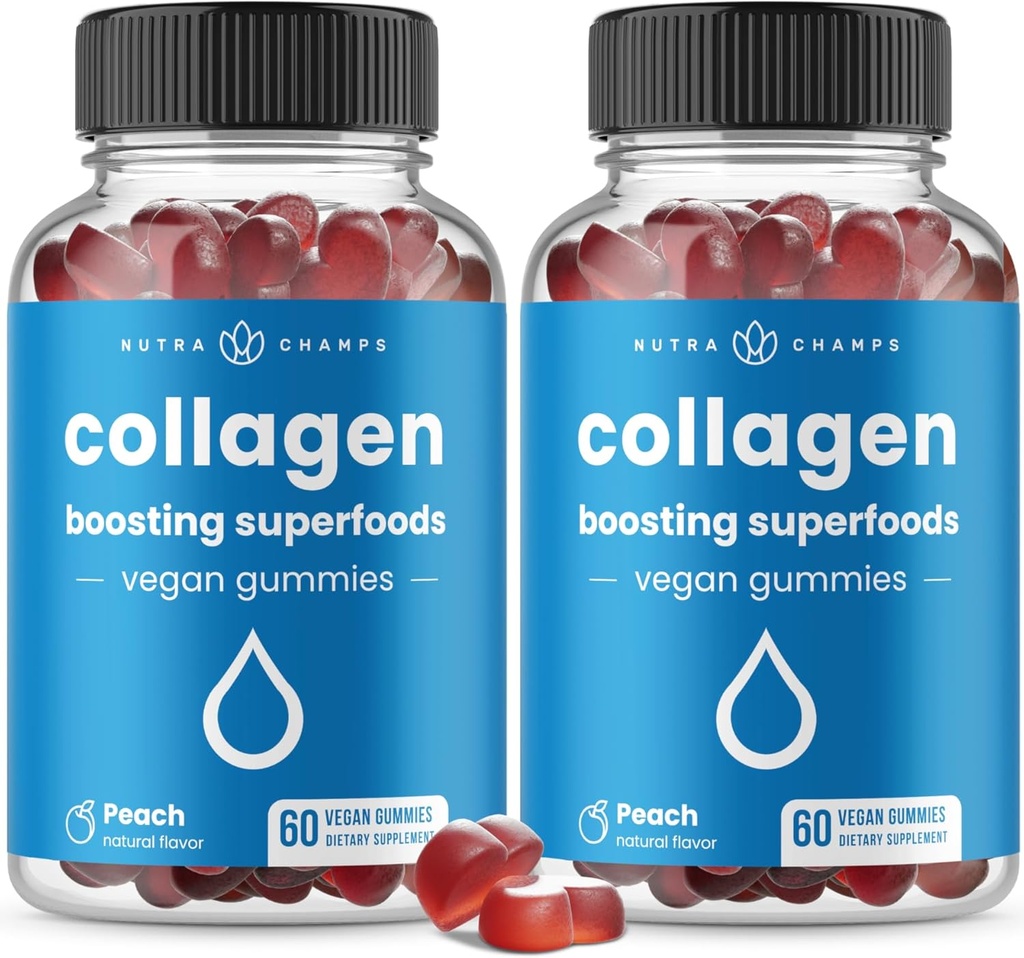 NutraChamps Collagen Boosting Gummies, Collagen Booster Gummy for Natural Collagen Production, Vegan Pectin Supplements Chews for Women & Men, 60 Peach Gummies (Pack of 2)