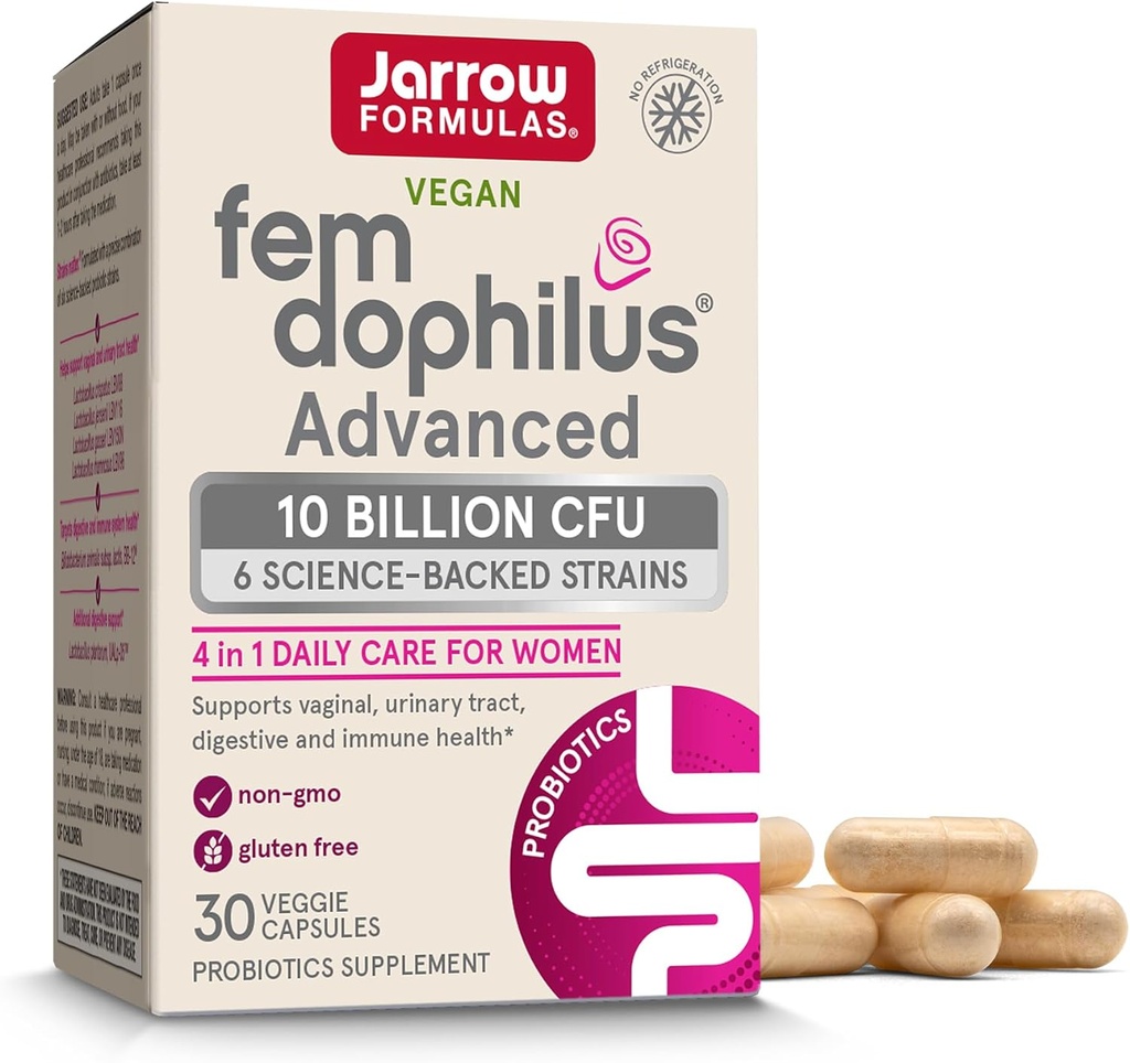 Jarrow Formulas Fem-Dophilus Advanced Vaginal & Digestive Probiotics 10 Billion CFU With 6 Clinically-Studied Strains, For Vaginal, Urinary Tract, Digestive & Immune Support, 30 Capsules, Shelf-Stable