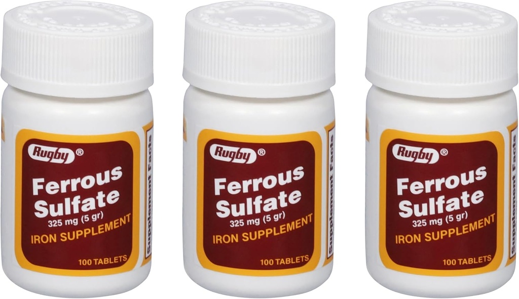 Rugby Ferrous Sulfate 325mg Tablets - Iron Supplement for Women and Men - 100 Count (3 Pack)