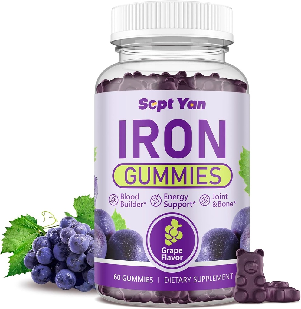 Iron Gummies for Women and Men, Iron Gummies with Folate, Vitamin B12, Zinc & D3 for Blood Building, Energy Boost, Immune Support & Bone Health, Gentle Absorption, Vegan,Grape Favour 60ct