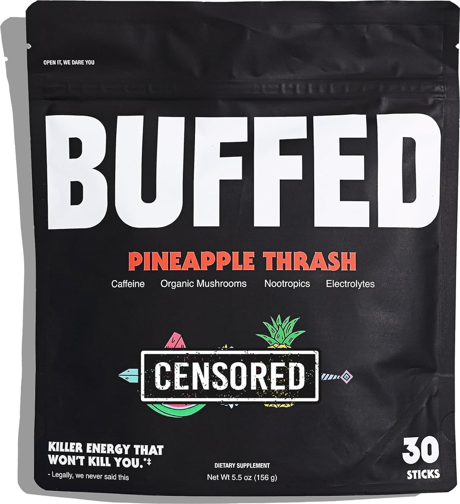 Energy Powder Stick Packs, Drink Mix | Clean, Healthy Boost Packets | 150mg Caffeine + Hydration | Nootropics, Organic Mushrooms, B-Vitamins, Electrolytes | 30 Pack-Pineapple Thrash