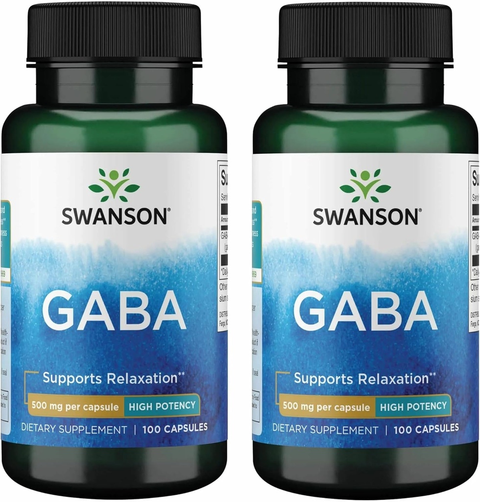 Swanson GABA - Amino Acid Supplement Promoting Calm & Relaxation to Support Restful Sleep - High Potency Formula to Support Healthy Stress Levels - (100 Capsules, 500mg Each) (2 Pack)