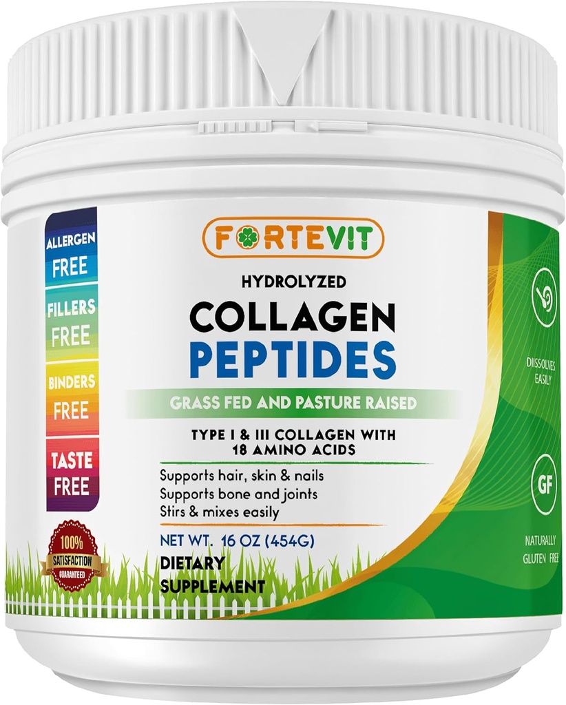 FORTEVIT Collagen Peptides Powder for Women & Men – Hydrolyzed Type I & III – Boosts Skin Elasticity, Hair & Nail Strength, Joint Support – Unflavored, Grass‑Fed, Non‑GMO, Keto & Paleo – 16 oz Jar