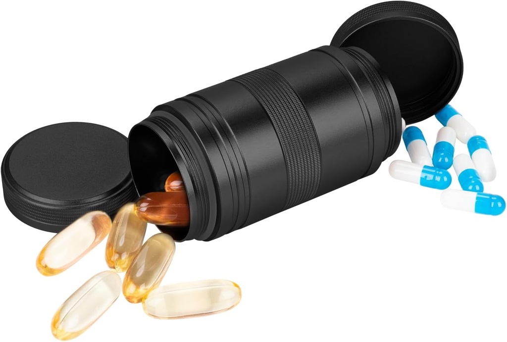 Metal Pill Box 2 Times a Day - Portable Waterproof Small Pill Case (AM PM), Travel Daily Pill Container, Compact Pill Holder Medicine Organizer for Pills/Vitamin/Fish Oil/Supplements, Black