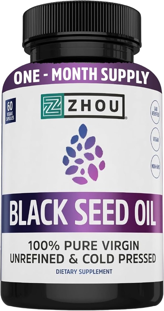 ZHOU Black Seed Oil Capsules - Black Cumin Seed Oil Cold Pressed, Nigella Sativa, Pure Unrefined Blackseed, Premium Supplement for Health, Hair & Skin w/Thymoquinone - 60 Capsules (Pack of 1)