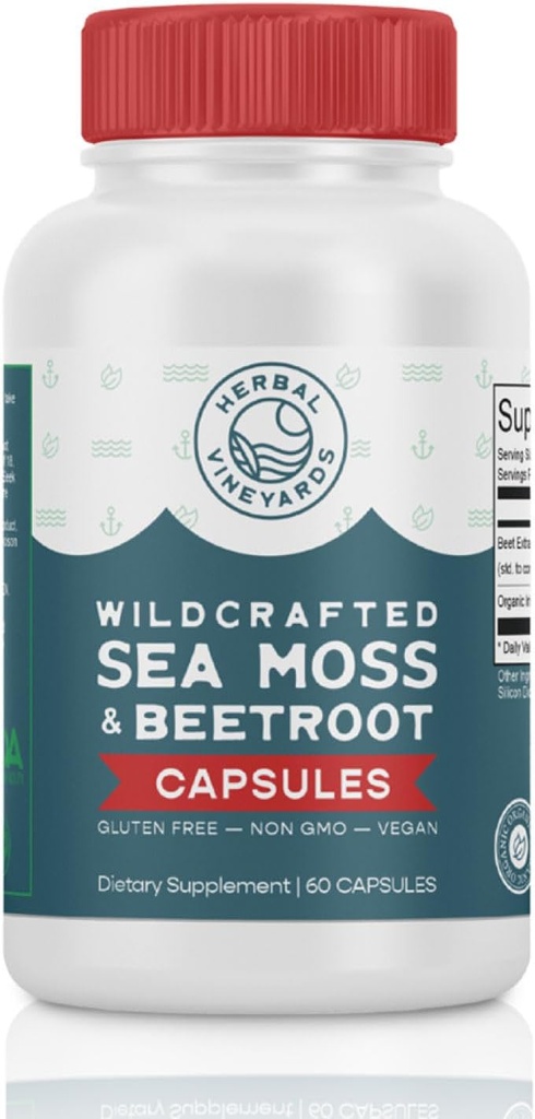 Herbal Vineyards Organic Wildcrafted Sea Moss and Beetroot 60 Capsules | Immune Support, Digestive Health & Improved Energy | Vegan Friendly | Non-GMO | Ethically Sourced