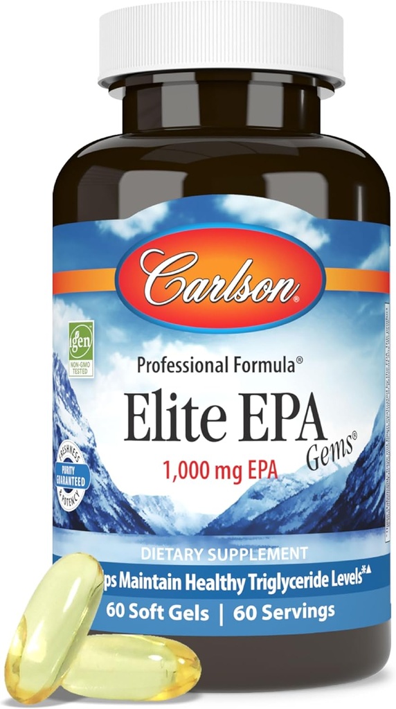Carlson - Elite EPA Gems, 1000 mg EPA Fish Oil, Wild-Caught, Norwegian Fish Oil Supplement, Sustainably Sourced, Helps Maintain Healthy Triglyceride Levels, 60 Softgels
