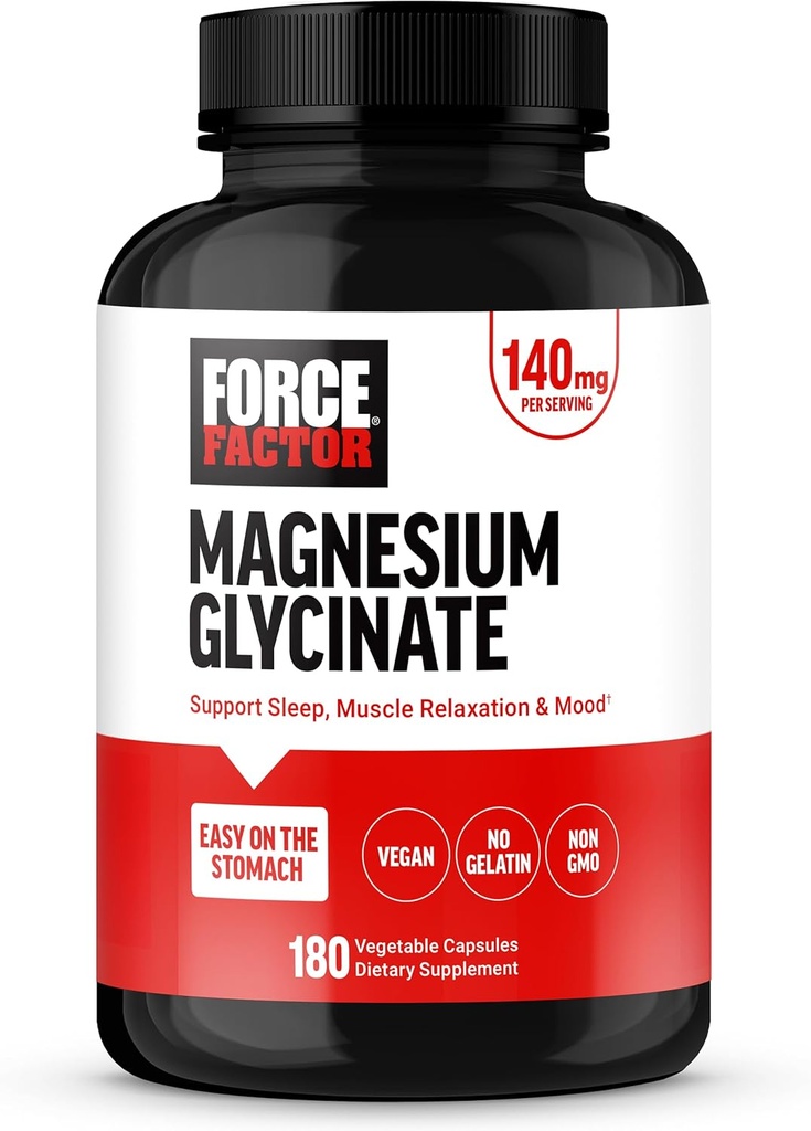 Force Factor Magnesium Glycinate, Magnesium Supplement for Women and Men to Support Sleep, Muscle Relaxation, and Mood, Easy on The Stomach, Vegan, 3-Month Supply, 180 Capsules
