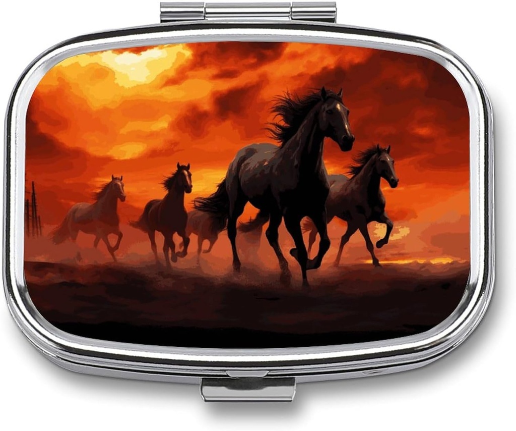 Horses Red Glowing Clouds Square Pill Box, 2 Compartment Decorative Pocket Pill Box for Pocket Or Purse Portable Mini Travel Medicine Tablet Vitamin Holder Organizer Pill Case