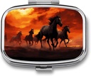 Horses Red Glowing Clouds Square Pill Box, 2 Compartment Decorative Pocket Pill Box for Pocket Or Purse Portable Mini Travel Medicine Tablet Vitamin Holder Organizer Pill Case