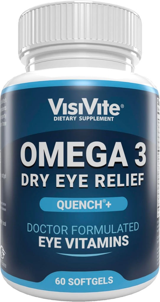Omega 3 Dry Eye Supplements with EPA and DHA - VisiVite Dry Eye Relief Quench+ Eye Vitamins for dry eyes with Omega 3 Supplement - Dry Eye vitamins Made with Omega 3 Fish Oil - 60 Softgels.